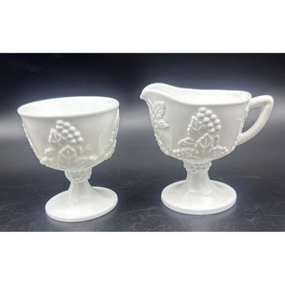 VTG Indiana Colony Harvest Grape White Milk Glass Pedestal Creamer Sugar Set - Picture 1 of 12